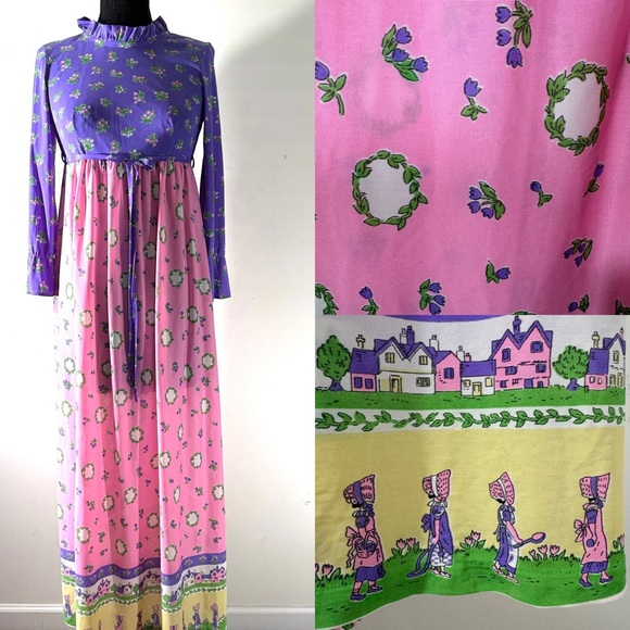 Vintage Dresses & Skirts - Vintage 1970's Easter Floral Printed Cottage Core Loungewear Maxi Dress
